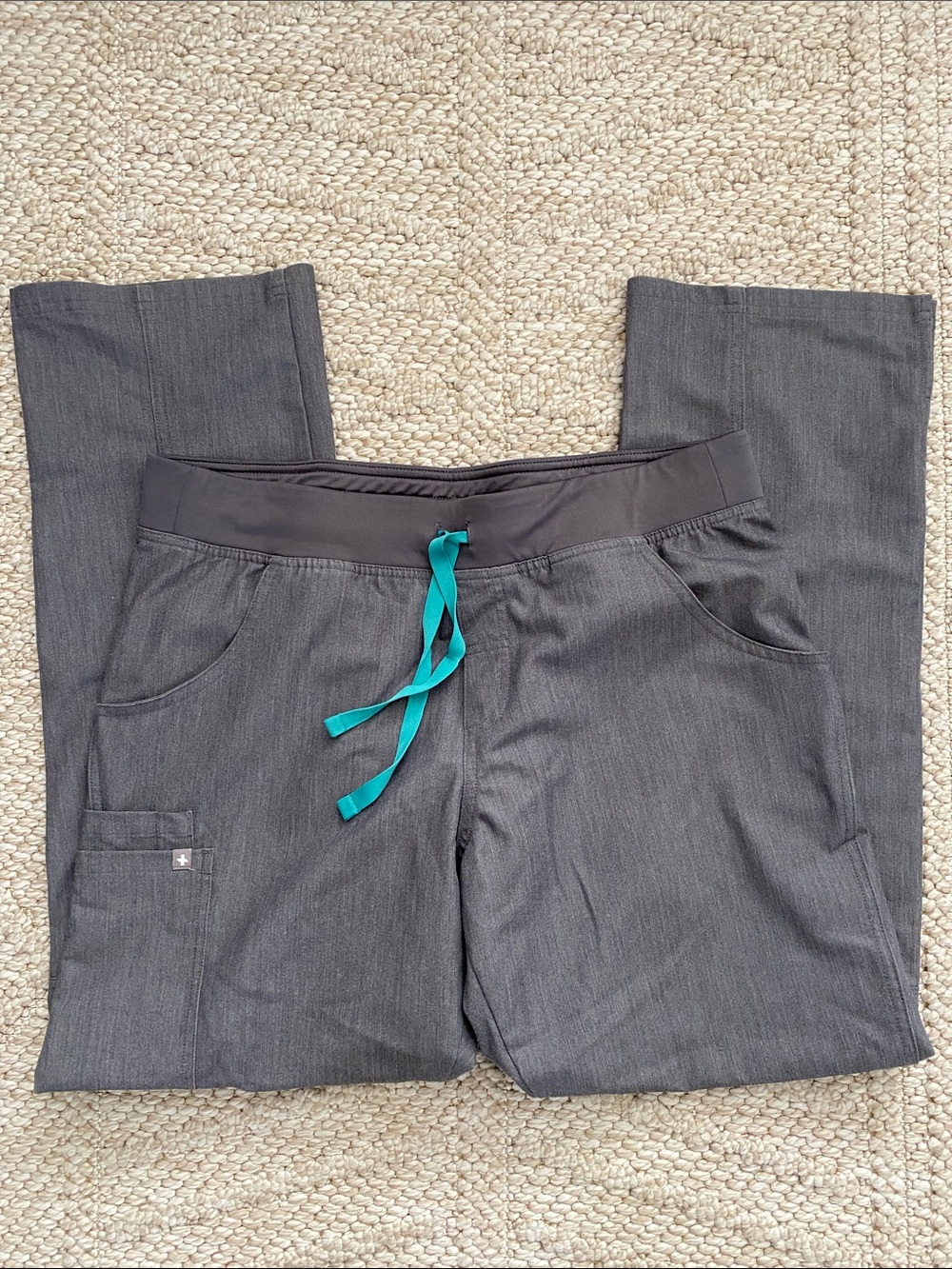 Figs Gray Scrub Pants with Teal Drawstring size large